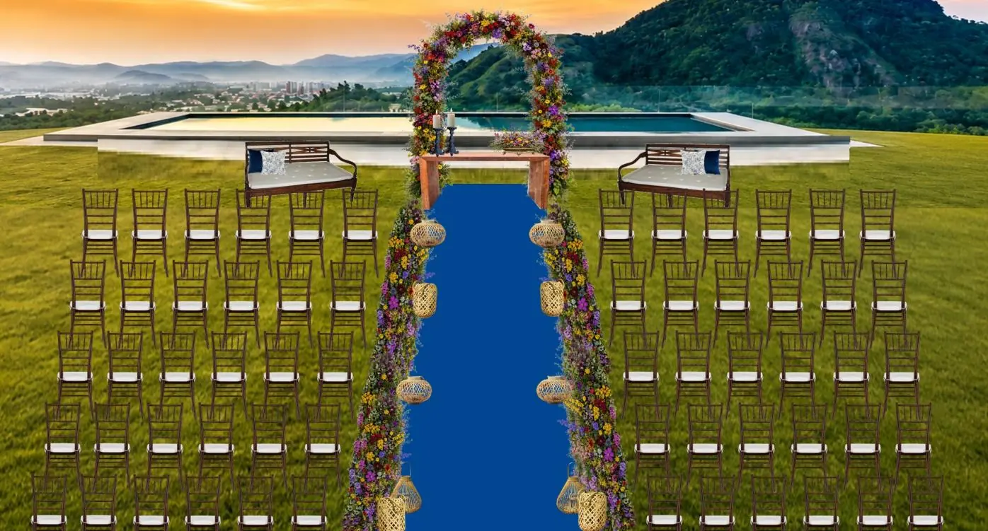 Projeto visual da cerimônia com arco de flores e tapete azul